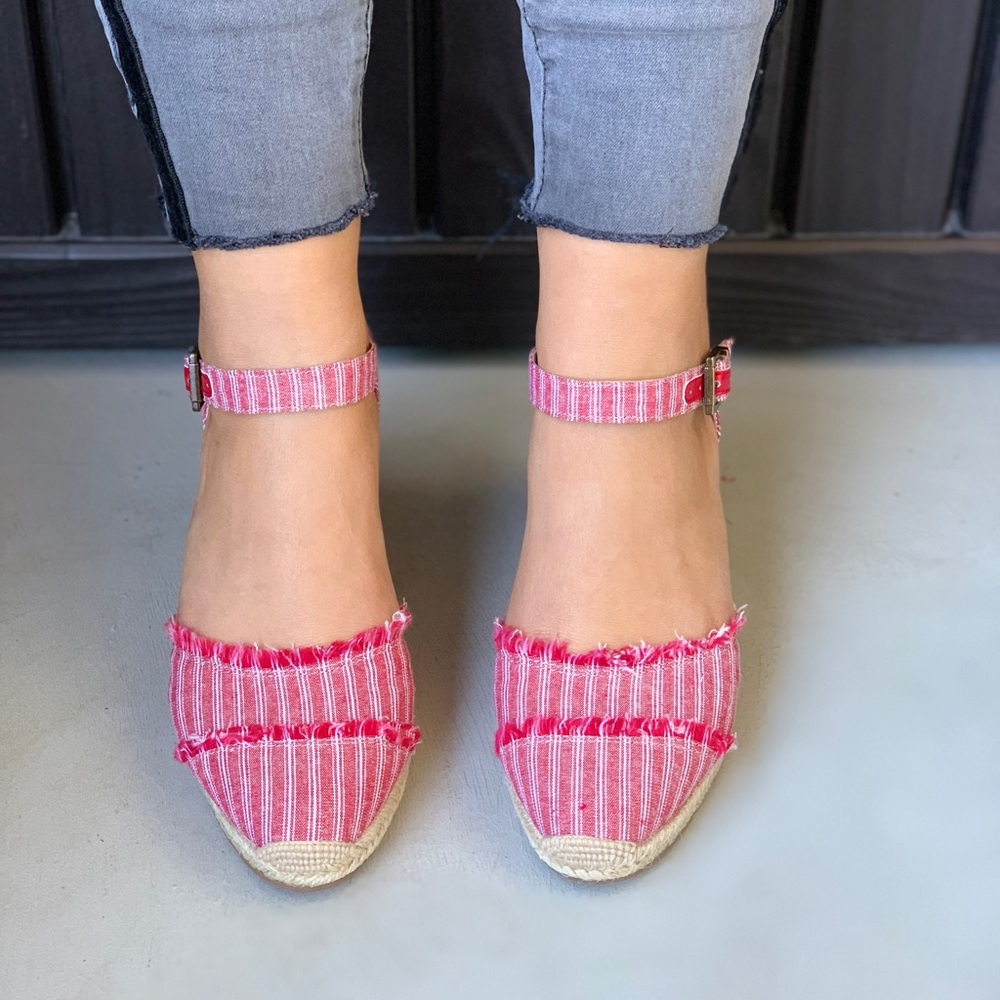 NIB Red/White Linen Striped Cork Wedge Sandals - Picture 6 of 7